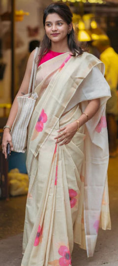 White and Off White color Saree in Linen fabric with Floral, Printed work
