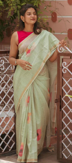 Green color Saree in Linen fabric with Floral, Printed work