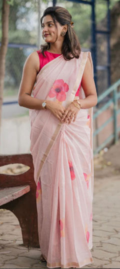 Pink and Majenta color Saree in Linen fabric with Floral, Printed work