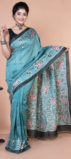 Blue color Saree in Cotton fabric with Digital Print work