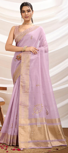 Pink and Majenta color Saree in Tissue fabric with Cut Dana, Moti, Thread, Zari work