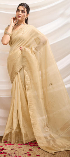 Beige and Brown color Saree in Tissue fabric with Cut Dana, Moti, Thread, Zari work