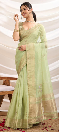 Green color Saree in Tissue fabric with Cut Dana, Moti, Thread, Zari work