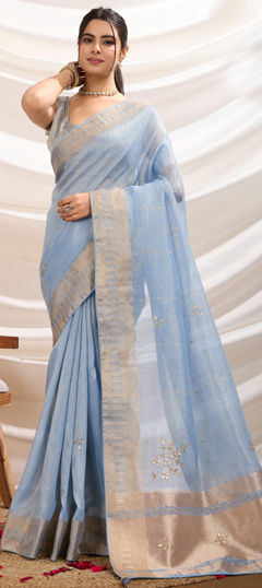 Blue color Saree in Tissue fabric with Cut Dana, Moti, Thread, Zari work