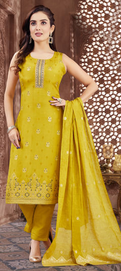 Yellow color Salwar Kameez in Silk fabric with Bugle Beads, Sequence, Weaving work
