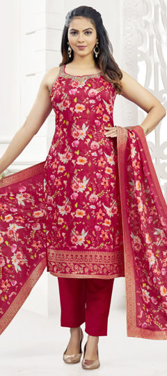 Pink and Majenta color Salwar Kameez in Silk fabric with Embroidered, Floral, Printed, Thread work