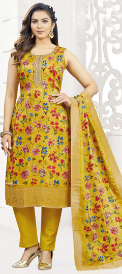 Yellow color Salwar Kameez in Silk fabric with Bugle Beads, Floral, Printed, Sequence, Zardozi work