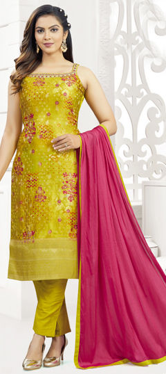 Green color Salwar Kameez in Silk fabric with Bugle Beads, Sequence, Weaving work