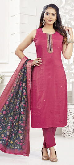Pink and Majenta color Salwar Kameez in Silk fabric with Bugle Beads, Embroidered, Sequence work