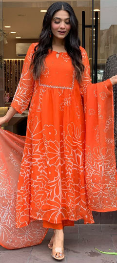 Orange color Salwar Kameez in Faux Georgette fabric with Embroidered work