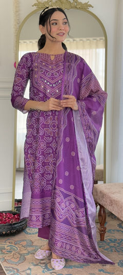 Purple and Violet color Salwar Kameez in Crepe Silk fabric with Bandhej, Mirror work