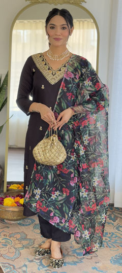 Black and Grey color Salwar Kameez in Rayon fabric with Embroidered, Sequence, Thread work