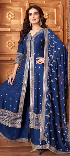 Blue color Salwar Kameez in Silk fabric with Embroidered, Sequence, Thread work