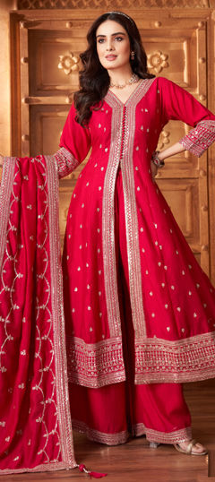 Red and Maroon color Salwar Kameez in Silk fabric with Embroidered, Sequence, Thread work