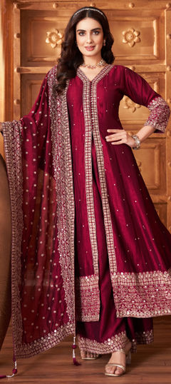 Red and Maroon color Salwar Kameez in Silk fabric with Embroidered, Sequence, Thread work