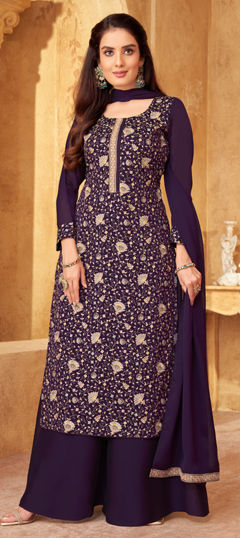 Purple and Violet color Salwar Kameez in Georgette fabric with Embroidered, Resham, Thread work