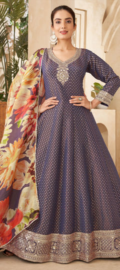 Blue color Gown in Silk fabric with Sequence, Thread work