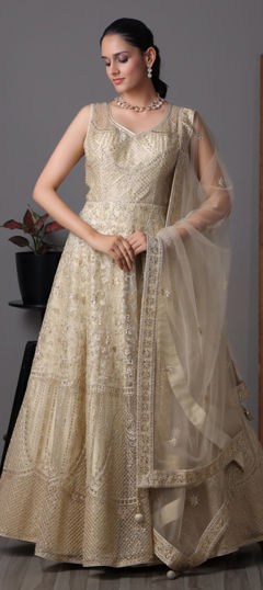 Beige and Brown color Salwar Kameez in Net fabric with Embroidered, Sequence, Stone, Thread work
