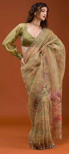 Beige and Brown color Saree in Organza Silk fabric with Mirror, Printed, Zircon work
