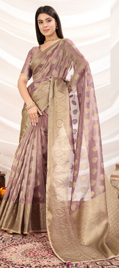 Pink and Majenta color Saree in Tissue fabric with Weaving, Zari work