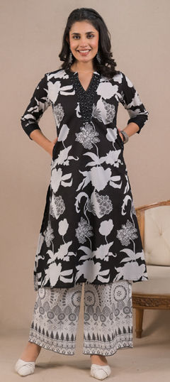 Black and Grey, White and Off White color Salwar Kameez in Cotton fabric with Printed, Sequence work