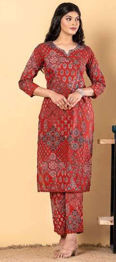 Red and Maroon color Salwar Kameez in Cotton fabric with Mirror, Printed, Thread work