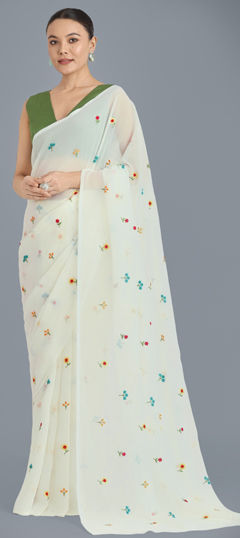 White and Off White color Saree in Georgette fabric with Embroidered, Resham, Thread work