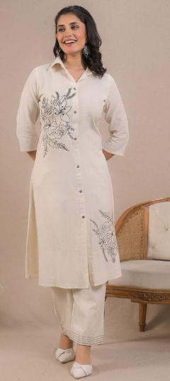 White and Off White color Co-ords Set in Cotton Flex fabric with Embroidered, Resham, Thread work