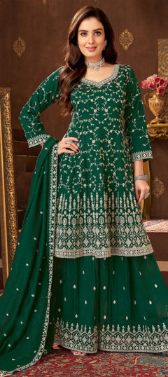 Green color Salwar Kameez in Silk fabric with Embroidered, Sequence, Thread work