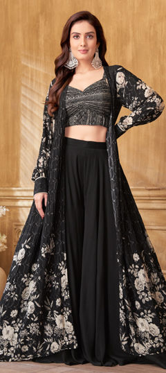 Black and Grey color Salwar Kameez in Georgette fabric with Embroidered, Floral, Printed, Sequence work