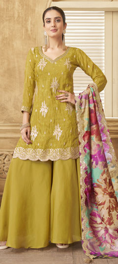 Yellow color Salwar Kameez in Silk fabric with Embroidered, Sequence, Thread work