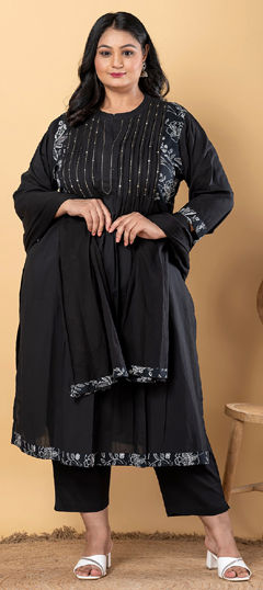 Black and Grey color Salwar Kameez in Cotton fabric with Pleats, Sequence, Thread, Zari work