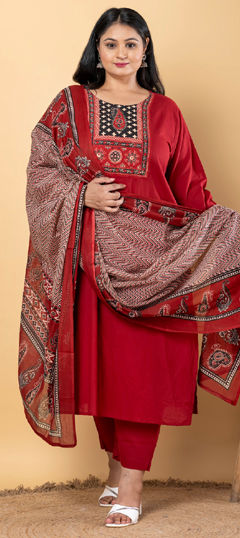 Red and Maroon color Salwar Kameez in Cotton fabric with Printed, Sequence work