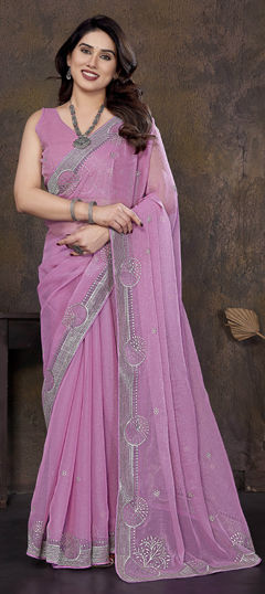 Purple and Violet color Saree in Shimmer fabric with Embroidered, Thread work