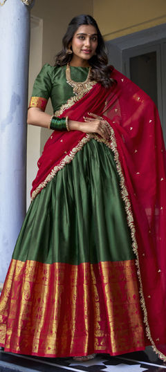 Green color Lehenga in Satin Silk fabric with Weaving work