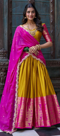 Yellow color Lehenga in Satin Silk fabric with Weaving work