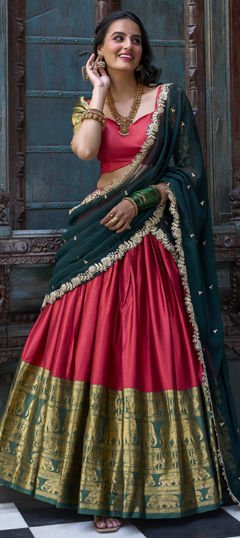 Red and Maroon color Lehenga in Satin Silk fabric with Weaving work