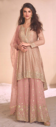 Pink and Majenta color Salwar Kameez in Georgette fabric with Embroidered, Sequence, Thread, Zari work