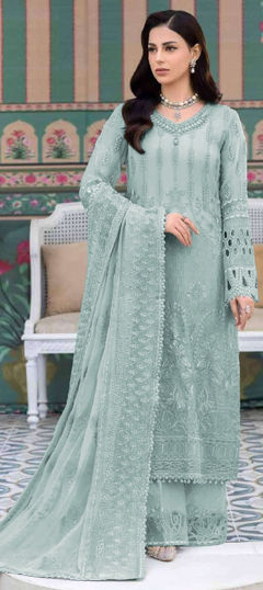 Green color Salwar Kameez in Faux Georgette fabric with Embroidered, Resham, Thread work