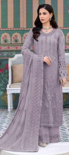 Purple and Violet color Salwar Kameez in Faux Georgette fabric with Embroidered, Resham, Thread work