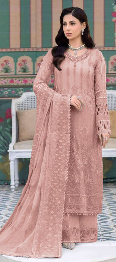 Pink and Majenta color Salwar Kameez in Faux Georgette fabric with Embroidered, Resham, Thread work