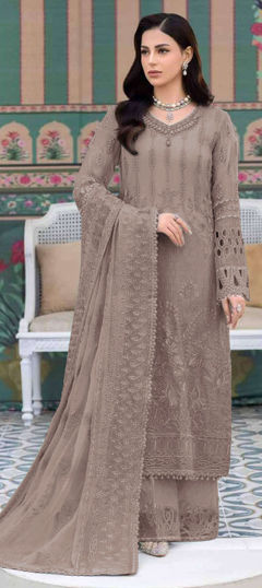 Beige and Brown color Salwar Kameez in Faux Georgette fabric with Embroidered, Resham, Thread work