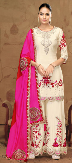White and Off White color Salwar Kameez in Chinon Silk fabric with Embroidered, Mirror, Thread work