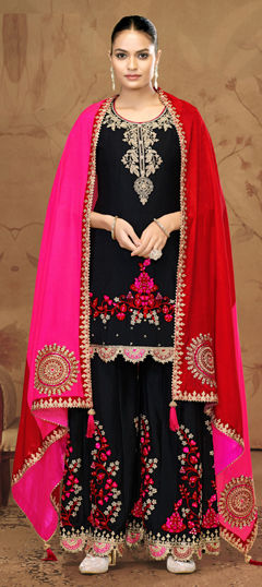 Black and Grey color Salwar Kameez in Chinon Silk fabric with Embroidered, Mirror, Thread work
