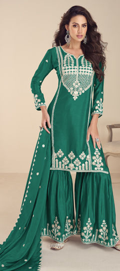 Green color Salwar Kameez in Chinon Silk fabric with Cut Dana, Embroidered, Sequence, Thread work