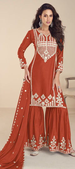 Beige and Brown color Salwar Kameez in Chinon Silk fabric with Cut Dana, Embroidered, Sequence, Thread work