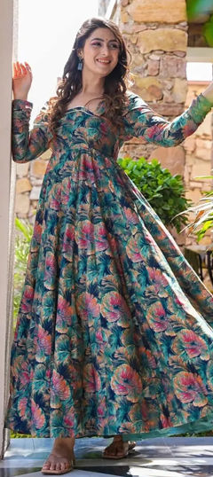 Blue color Gown in Rayon fabric with Digital Print work