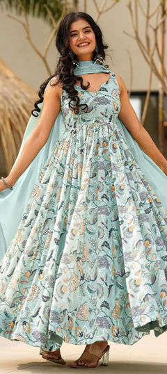 Blue color Gown in Rayon fabric with Digital Print work