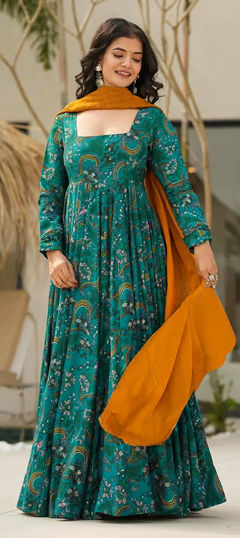 Blue color Gown in Rayon fabric with Digital Print work