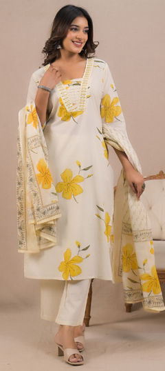 Beige and Brown color Salwar Kameez in Cotton fabric with Floral, Printed, Sequence work
